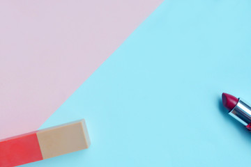 Creative flat lay of cosmetic on pastel background, Minimal cosmetic beauty product concept with copy space