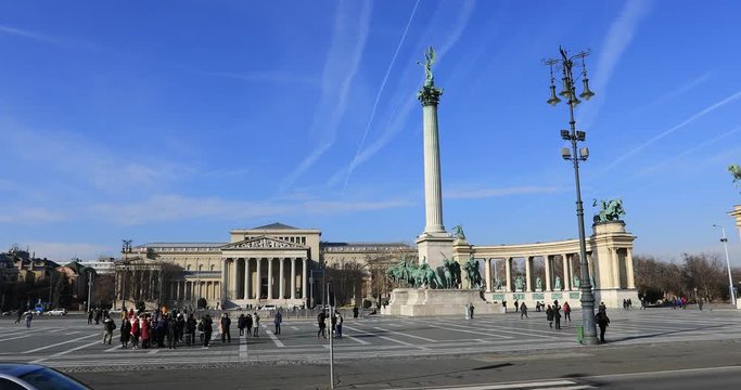 BUDAPEST, HUNGARY - JANUARY 17, 2019 : A view of Heroes Square