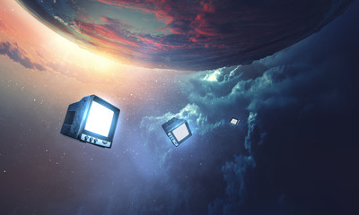 Retro TV flying in space