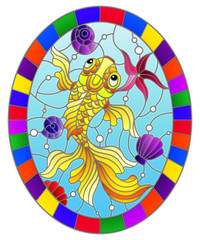Illustration in stained glass style with a goldfish on a background of shells and water, oval image in bright frame
