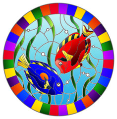 Illustration in stained glass style with a pair bright fishes on the background of water and algae,oval picture in a bright frame