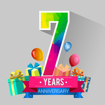 7 Years Anniversary Celebration Design, with gift box and balloons, red ribbon, Colorful polygonal logotype, Vector template elements for your birthday party.