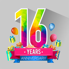 16 Years Anniversary Celebration Design, with gift box and balloons, red ribbon, Colorful polygonal logotype, Vector template elements for your birthday party.