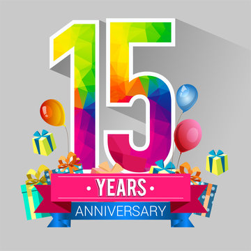 15 Years Anniversary Celebration Design, with gift box and balloons, red ribbon, Colorful polygonal logotype, Vector template elements for your birthday party.