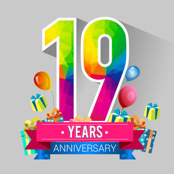 19 Years Anniversary Celebration Design, with gift box and balloons, red ribbon, Colorful polygonal logotype, Vector template elements for your birthday party.