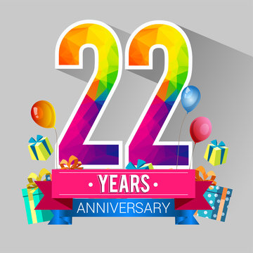 22 Years Anniversary Celebration Design, with gift box and balloons, red ribbon, Colorful polygonal logotype, Vector template elements for your birthday party.