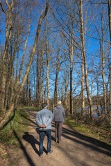 älteres Paar geht im Wald spazieren im Frühling
