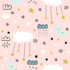 Seamless cute pattern for kids, children. Clouds moon stars background. Scandinavian style for fabric, wallpaper, planner, sticker