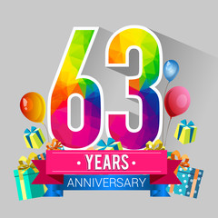 63 Years Anniversary Celebration Design, with gift box and balloons, red ribbon, Colorful polygonal logotype, Vector template elements for your birthday party.