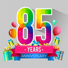 85 Years Anniversary Celebration Design, with gift box and balloons, red ribbon, Colorful polygonal logotype, Vector template elements for your birthday party.