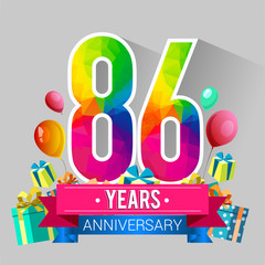 86 Years Anniversary Celebration Design, with gift box and balloons, red ribbon, Colorful polygonal logotype, Vector template elements for your birthday party.