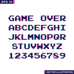 Arcade game pixel alphabet stereoscopic font and numbers.Stereo alphabet.Vector Illustration.White background.