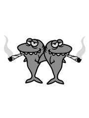 2 haie freunde team paar kiffen rauchen weed joint hanf cannabis drogen zigarette stoned schwimmen tauchen wasser unterwasser meer räuber fressen gefährlich clipart design