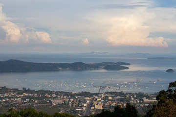 aerial view of the sea and the pier from the mountain in phuket.