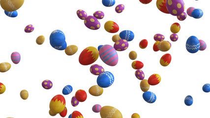 3D illustration of Easter eggs falling on a white background
