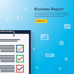 Business analyst or financial research report concept. financial accounting audit on statistical data paper document. Clipboard with list of task cases, graph and table icon in flat style.