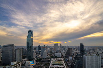 Fototapeta na wymiar Bangkok City - Aerial view beautiful sunset Bangkok city downtown skyline of Thailand , Cityscape tower at night , landscape Bangkok Thailand