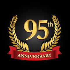 95 anniversary logo with red ribbon and golden laurel wreath, vector template for birthday celebration.