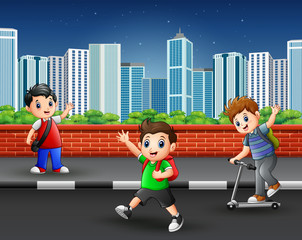 Children on the sidewalk with urban scene