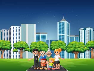 Cartoon family members standing on the road