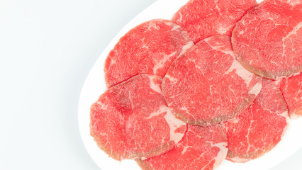 raw beef on a plate .
