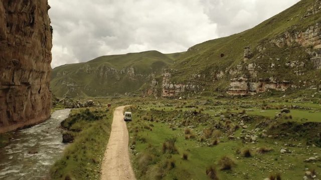 4K Aerial Drone Pullback Footage at Shucto Cannon - Canchayllo - Jauja - Peru, with Drone DJI Mavic 2 Pro