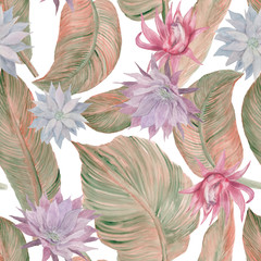 Watercolor painting seamless pattern with cactus flowers and tropical leaves