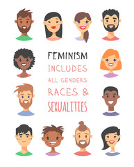 Set of a group of different people and text. Cartoon style characters of different races. Vector illustration caucasian, asian and african american women and quote