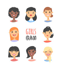 Set of a group of different people and text. Cartoon style characters of different races. Vector illustration caucasian, asian and african american women and quote