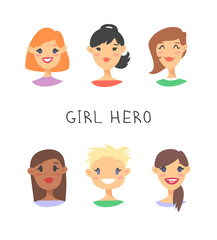 Set of a group of different people and text. Cartoon style characters of different races. Vector illustration caucasian, asian and african american women and quote