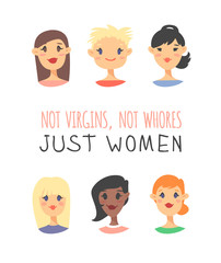 Set of a group of different people and text. Cartoon style characters of different races. Vector illustration caucasian, asian and african american women and quote