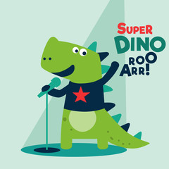 Cute dinosaur singing with microphone