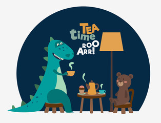 Cute dinosaur drinking tea on the table. Tea time vector concept 