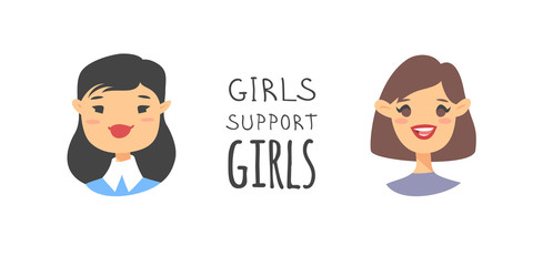 Set of a group of different people and text. Cartoon style characters of different races. Vector illustration caucasian, asian and african american women and quote