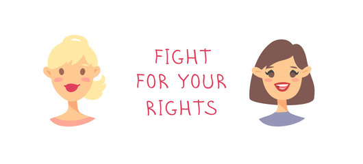 Obraz premium Set of a group of different people and text. Cartoon style characters of different races. Vector illustration caucasian, asian and african american women and quote