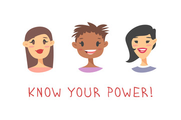 Set of a group of different people and text. Cartoon style characters of different races. Vector illustration caucasian, asian and african american women and quote