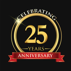 Celebrating 25 years anniversary logo. with golden ring and red ribbon.