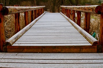 Wooden bridge in park symmetric