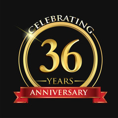 Celebrating 36 years anniversary logo. with golden ring and red ribbon. - obrazy, fototapety, plakaty