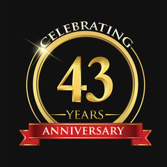Celebrating 43 years anniversary logo. with golden ring and red ribbon.