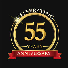 Celebrating 55 years anniversary logo. with golden ring and red ribbon.