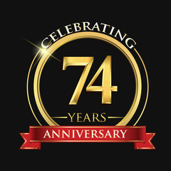 Celebrating 74 years anniversary logo. with golden ring and red ribbon.