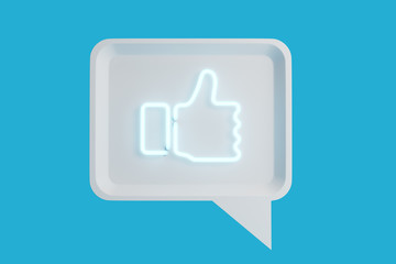 Light blue neon glowing like icon, finger up, class on blue background. 3d rendering