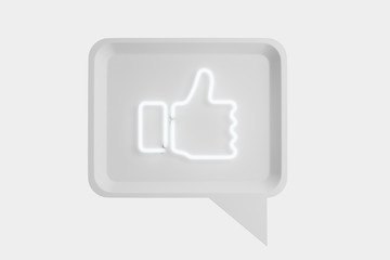 Glowing neon icon of like, class, thumbs up on white background. 3d rendering