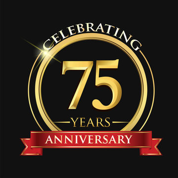 Celebrating 75 years anniversary logo. with golden ring and red ribbon.