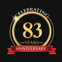 Celebrating 83 years anniversary logo. with golden ring and red ribbon.