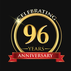 Celebrating 96 years anniversary logo. with golden ring and red ribbon.