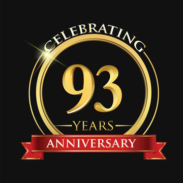 Celebrating 93 years anniversary logo. with golden ring and red ribbon.