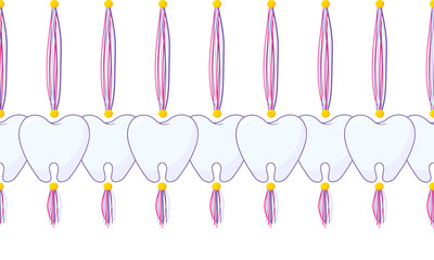 Vector seamless border pattern. Horizontal tassels with teeth, beads and yarn or tread. Pink, rose, yellow colors. Cute decorative element for dentist room, kids background
