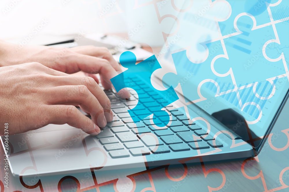 Poster Business solution concept. Businessman analyzing data and finding solution.Laptop and jigsaw puzzle pieces icon.